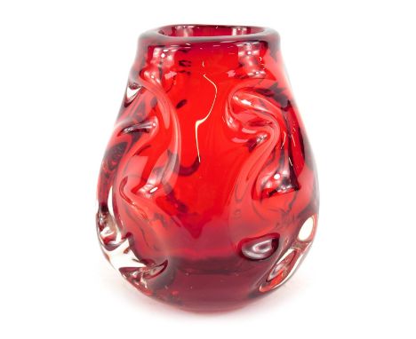 A Whitefriars ruby glass 'Knobbly' vase, pattern number 9608, 15.5cm high. 