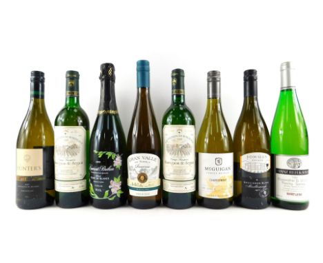 Eight bottles of white wine, to include Hunters Sauvignon Blanc 2005, McQuigan Chardonnay 2017, Sauvignon de Bordeaux 1988, e