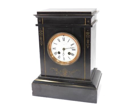 A 19thC black slate mantel clock, the circular enamel Roman numeral dial, with copper chapter ring, eight day, movement stamp
