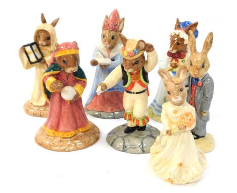 Six Royal Doulton Bunnykins figures, modelled as Morris Dancer Bunnykins DB208, Groom Bunnykins DB102, Fortune Teller Bunnyki