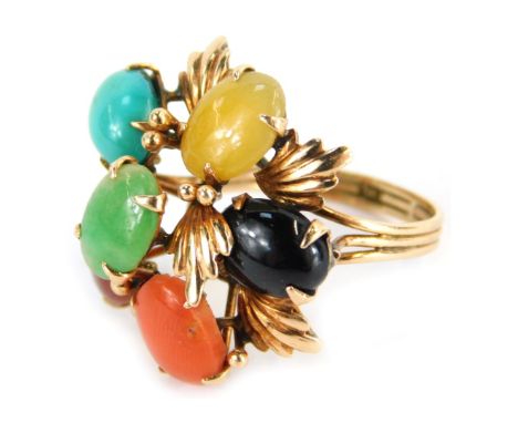 A Kutchinsky semi-precious stone set dress ring, set with arrangement of six oval cut semi-precious stones, to include turquo