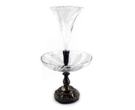 A late 19th/early 20thC silver plated and cut glass epergne centrepiece, the central bowl surmounted by a trumpet shaped vase