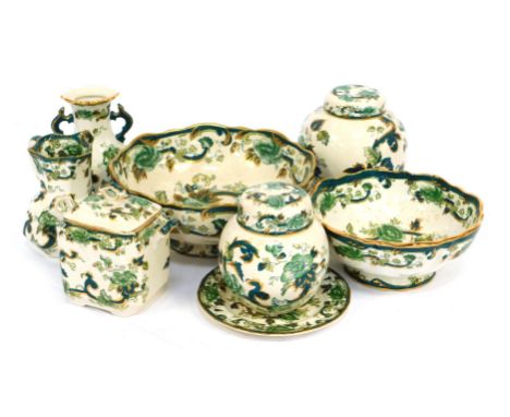 A group of Masons ironstone decorated in the Chartreuse pattern, to include ginger jar and cover, 16cm high, bowl, 24cm diame