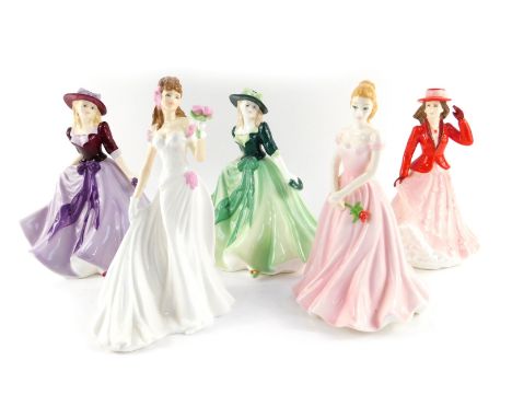 Five Royal Worcester porcelain figures, comprising Floral Ladies September, The Bride, Floral Ladies August, Holly, and The R