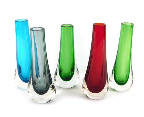Five Whitefriars 'Teardrop' vases, designed by Geoffrey Baxter, in kingfisher blue, pewter, meadow green, and ruby red, patte