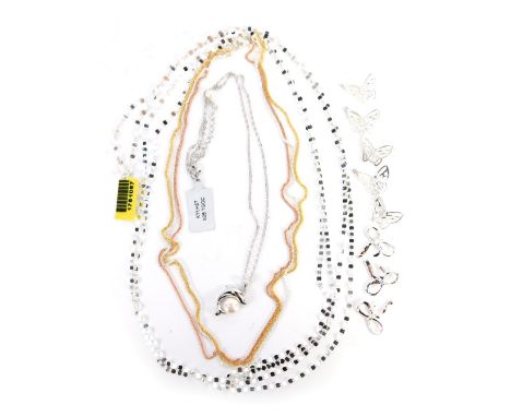 A collection of silver and other jewellery, comprising tricolour bracelet, white metal stamped 925, dolphin pendant and chain