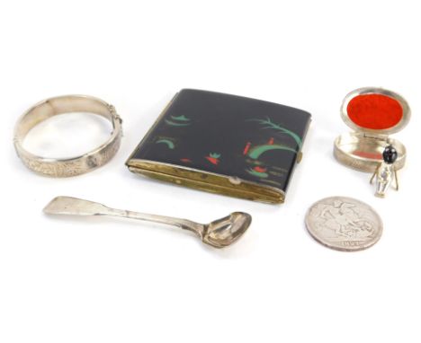 A silver caddy spoon, silver bangle, Eastern box with agate top stamped 900, niello style cigarette case, and an 1891 George 