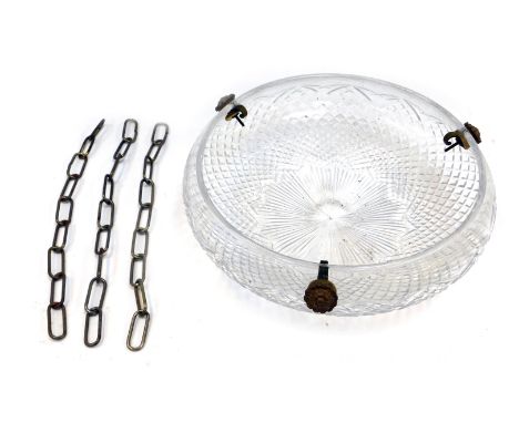 A hob-nail cut glass ceiling light, of circular form, with cast metal floral mounts and chain, 37cm diameter.