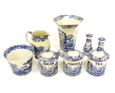 A group of Spode Italian pattern pottery, to include coffee, tea and sugar jars and covers, 17cm high, salt and pepper shaker