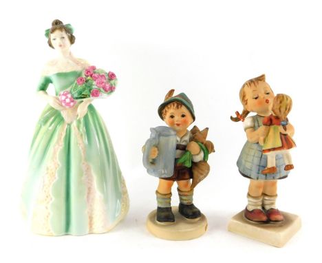 A Royal Doulton porcelain figure modelled as Happy Birthday, HN3660, together with two Goebel Hummel figures, comprising For 