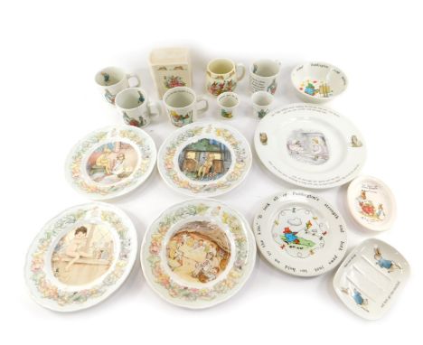 A group of children's ceramics, to include a Royal Doulton Bunnykins money box, modelled as a book, 10.5cm high, Bunnykins mu