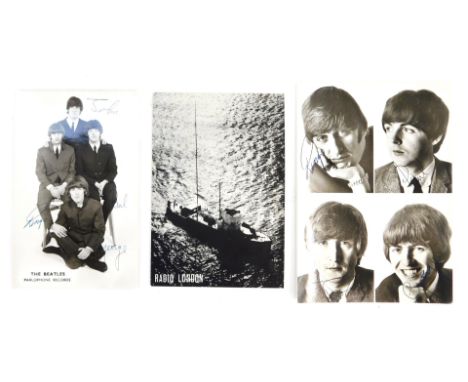 Two Beatles postcards, bearing facsimile signatures, together with a Radio London postcard, stating 'Hi Jenny Thanks for Writ