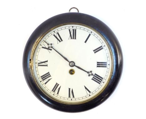 A late 19thC wall clock, the circular white enamel dial bearing Roman numerals, thirty hour, in a circular ebonised case, key