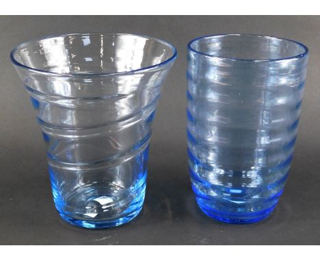 Two Whitefriars blue glass vases, of cylindrical form and inverted trumpet form, each with banded decoration, 20cm high. 