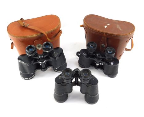 Three pairs of binoculars, comprising Super Regent 8x40, Boots 10x50, cased, together with Boots 80x30 field binocular, cased