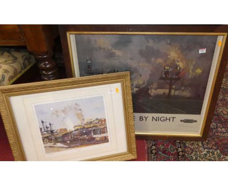 A reproduction British Railways Service by Night framed and glazed advertising poster, signed by David Shepherd, together wit