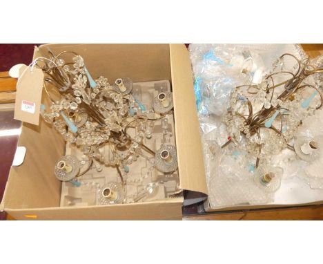 A pair of gilt painted rodded metal and moulded crystal glass six-light hanging electroliers, each approx drop 60cm 