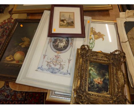 A reproduction print on porcelain panel in heavy gilt frame; together with four other prints (5)