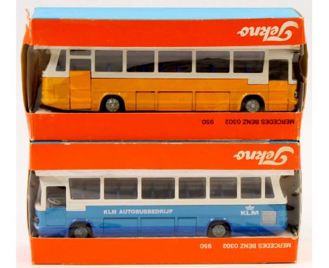 2 boxed Tekno No. 950 Mercedes Benz Buses, the first being in blue with a white roof, a blue interior, with KLM livery, and t