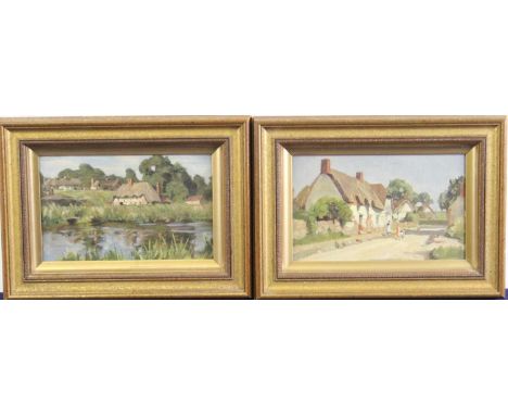 Henry Wilkinson Daniell (act.1909-1936) - Pair; Thatched cottages in Sussex, oil on canvas laid on board, 15 x 24.5cm