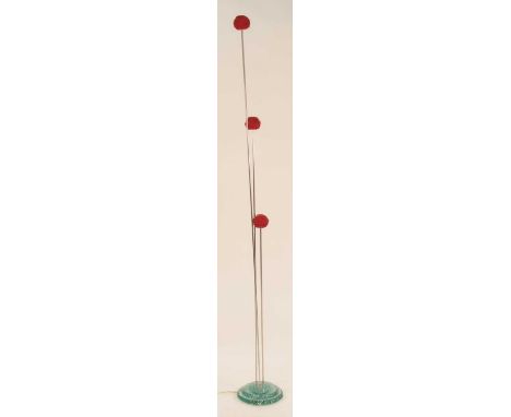 A contemporary rodded chromed metal and red crystal glass three-branch floor light by Relco, the integral shades of floral bu