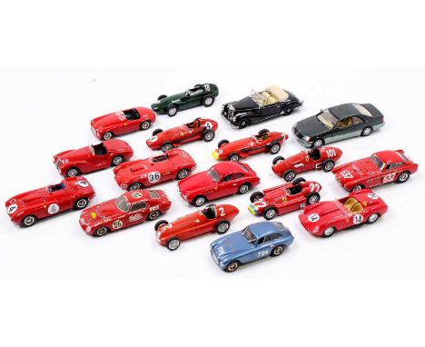 A collection of 17 mixed 1/43rd scale diecast and resin model cars, with examples including an IXO Ferrari 375 Plus, a Proget