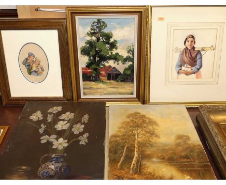 Assorted pictures and prints, to include portrait group watercolour, landscape oil, farm buildings oil, still life oil etc 