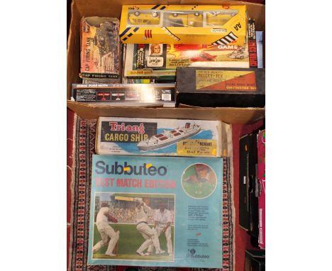 One box of mixed plastic kits, diecast, tin plate vehicles and effects to include a Subbuteo table cricket test match edition