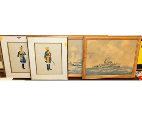 Jack Golding - Pair; Warships, oil on mill board, each signed lower left, 29 x 39cm; together with a pair of prints of Indian