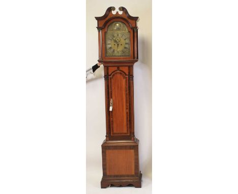 John Dene of London - an early 19th century mahogany and satinwood longcase clock, having a 12" arch brass dial, signed to th