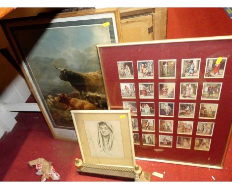 A framed display of Wills Cigarette cards, monochrome portrait print and advertising print for G Olpin, Post Office Stores, E