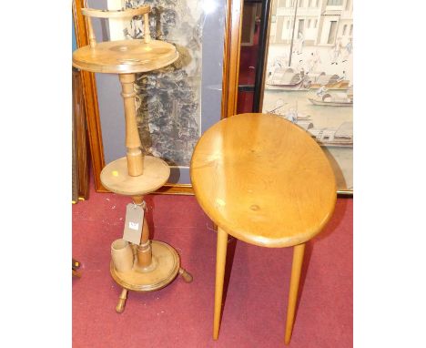 A turned fruitwood sewing stand, together with an Ercol style elm and beech oval occasional table (2)