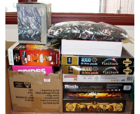 A large collection of mixed children's puzzles, board games and action figures to include Game of Thrones Risk, Xbox 360 Star