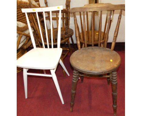 A set of four early 20th century elm seat and beech stickback kitchen chairs, together with a white painted Ercol single kitc