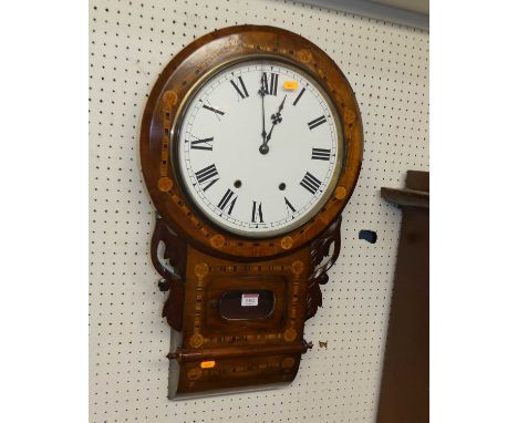 A Victorian walnut and inlaid drop trunk wall clock (lacking accessories), height 68cm