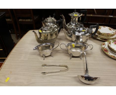 Various plateware to include a three piece teaset, two teapots, coffee pot, ladle, and a pair of sugar tongs