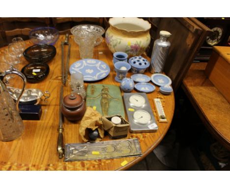 A quantity of Wedgwood jasperware porcelain; a thermometer; Hygro set; Thermos flask; jardiniere; metalware etc.