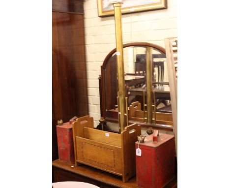 Two vintage BP and Shell petrol cans, oak two division magazine rack, brass two branch ceiling light and print (5).