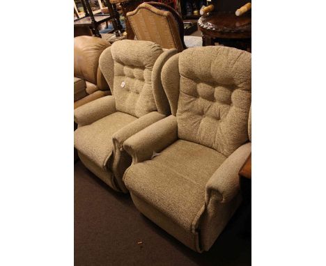 Pair Sherborne light buttoned fabric wing armchairs, one an electric recliner.