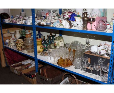 Decorative vases, jugs, large blue and white kettle, toilet jug and bowl, Ringtons caddy, glass light shade, assorted glasswa