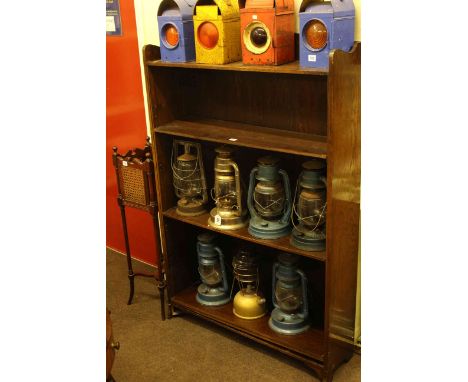 Oak open bookcase, cane panelled plant stand, Georgian mahogany corner washstand, three legged stool and standard lamp and sh