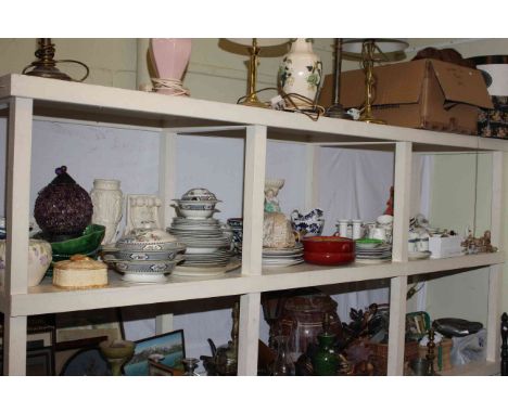 Full shelf of various china including Bretby bowls, dinner and teawares, ornaments, collectors plates, etc.