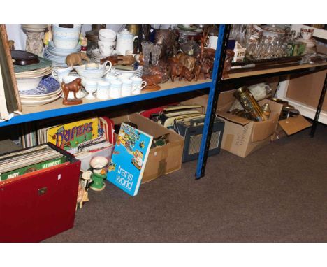 Vintage radios, record player, records, various china, metalware, stamp albums, etc.