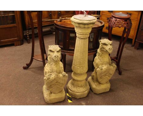 Pair concrete armorial garden griffins, 74cm tall and concrete pedestal with lead sundial (pedestal 101cm tall).