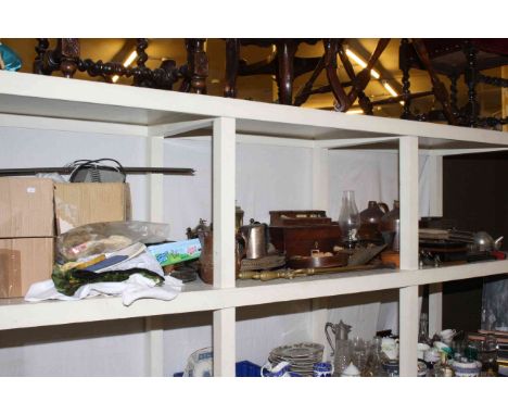 Full shelf of metalware, stoneware bottles, camera equipment, desk stands, cigarette cards, linen, bobbins, model railway acc