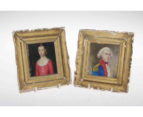 Pair portrait miniatures of Lord Nelson and Lady Hamilton in gilt frames, 14.5cm by 13.5cm.