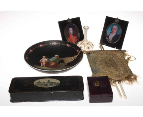 Two pennants, pair of portrait miniature prints, glove box, decorative bowl.