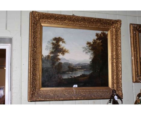Large 19th Century oil on canvas, Continental rural scene with figures and animals in extensive landscape, 64cm by 76cm, gilt