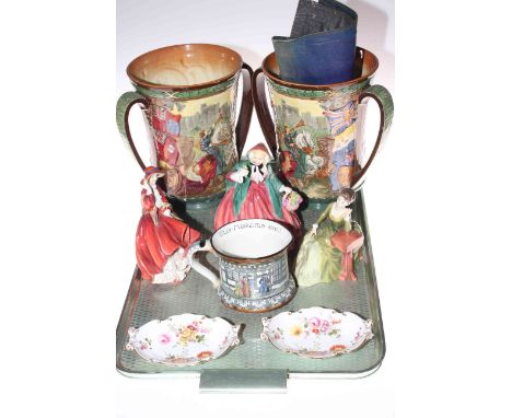 Royal Doulton wares; two George VI and Elizabeth Coronation loving cups, three lady figures, Old Moreton Series jug and pair 