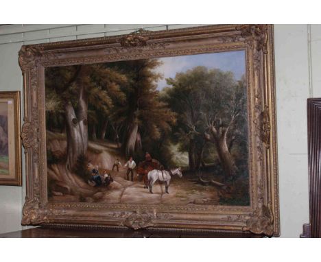 Modern large gilt framed oil on canvas depicting 19th Century scene of figures in woodland, overall 80cm by 110cm.